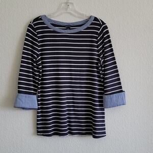 NAUTICA Top Tee Striped Chambray 3/4 Sleeve Cuffs Nautical Size Medium Navy